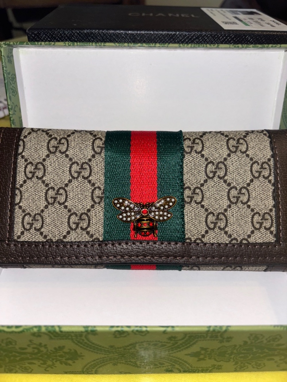 Inspired)Brown GG Supreme Continental Wallet with Green/Red